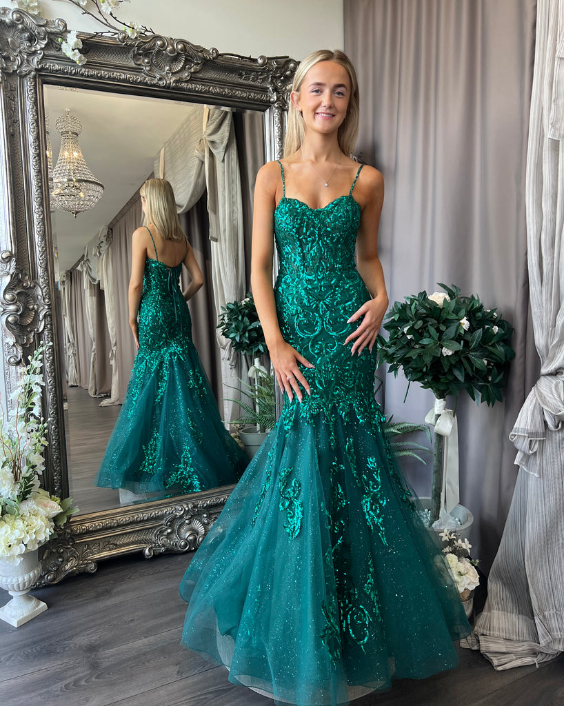 Emerald green top debs dress